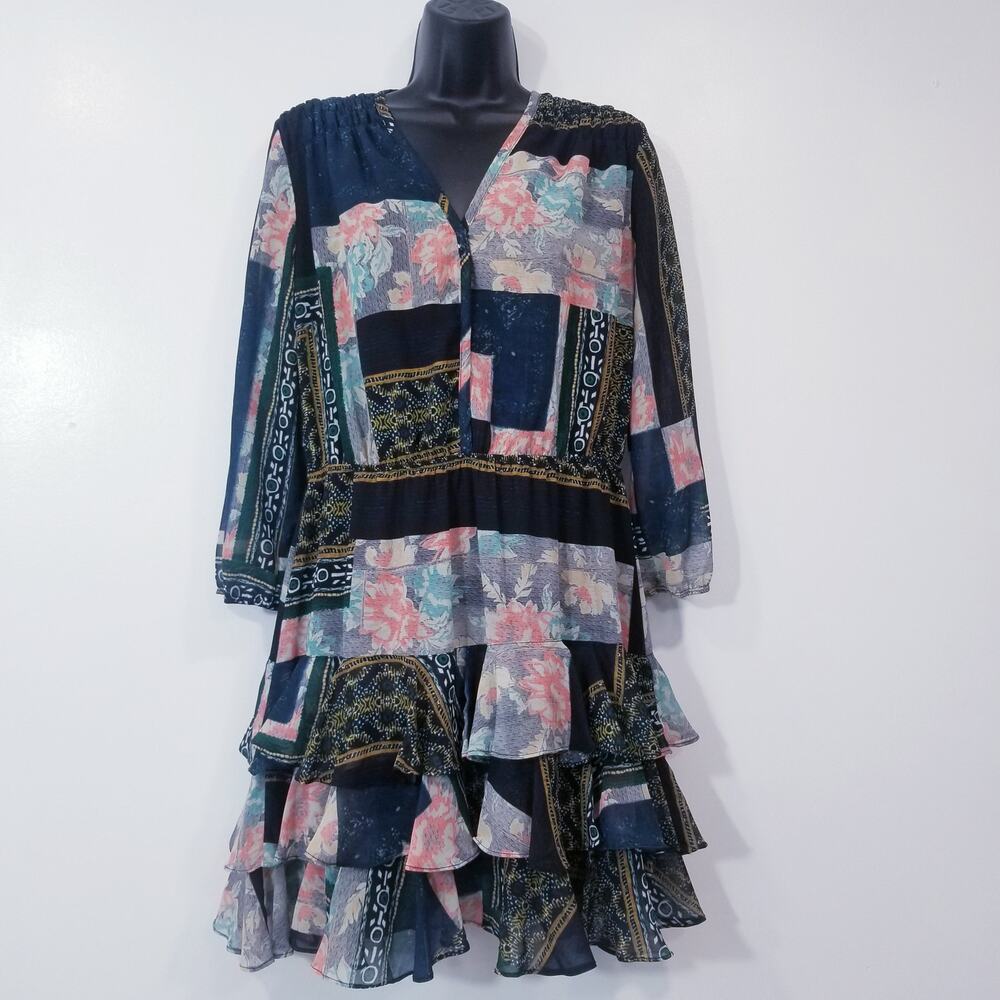 Hiche Printed Layered Ruffle Pintuck Dress